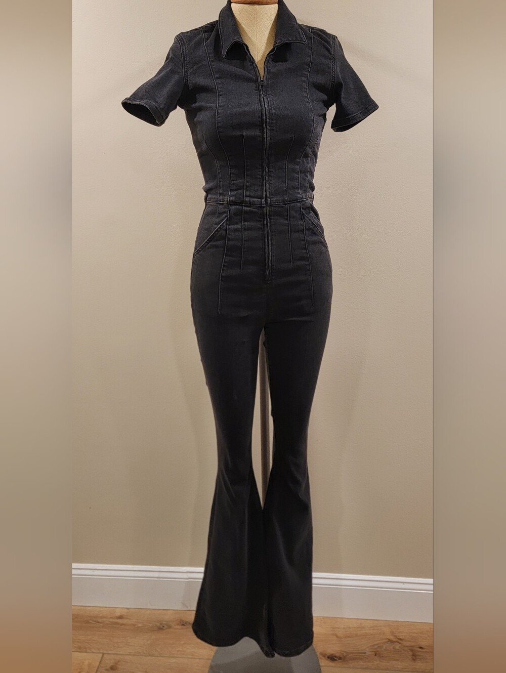 We The Free Black Short-Sleeve Zip Jumpsuit